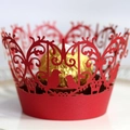 Red laser-cut paper cake wrapper with birds and lace pattern for wedding decor - 5cm / Pearlescent Red
