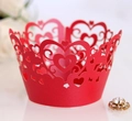 Red laser cut heart pattern cupcake wrappers for wedding and party decorations - Pearlescent Red