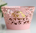 Pink laser cut flower cupcake wrapper with intricate hollow lace pattern for wedding party - Pink