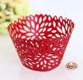 Detailed laser-cut hollow floral pattern on a red paper cupcake liner for weddings - Pearlescent Red