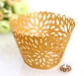Laser cut gold pearl paper cupcake liners with elegant radial floral lace hollow design - Gold