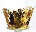 Laser cut gold mirror cupcake wrappers with intricate vine and grape pattern for weddings - Reflective Gold
