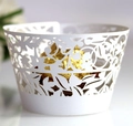 Elegant white laser-cut leaf pattern cupcake wrappers for wedding cake decoration - White