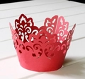 Red laser cut crown cupcake wrappers with elegant lace pattern for wedding decorations - Red