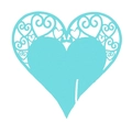 Detail of teal laser-cut heart-shaped wine glass card with intricate floral lace pattern - Tiffany Blue