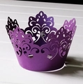 Purple lace cupcake wrapper with laser-cut crown and floral design for weddings - Dark Purple