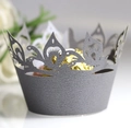 Elegant laser-cut dark grey paper cupcake wrappers with intricate crown hollow patterns - Silver Charcoal