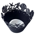 Black laser-cut cupcake wrapper with ocean sea shells and starfish design theme - 5x5x8CM / Black