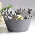 Dark grey laser-cut pearl paper cupcake wrappers with intricate leaf patterns for party decoration - Silver Charcoal