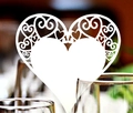 Laser cut heart shaped white paper card for wedding wine glass decoration and seating - White