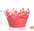 Red laser-cut lace cupcake wrappers with elegant crown pattern for dessert table decor - Pearlescent Red