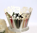 Silver laser-cut cupcake wrappers with elegant vine lace patterns for weddings - Reflective Silver