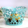 Intricate laser-cut Tiffany blue cupcake wrapper with elegant floral vine pattern - Tiffany Blue