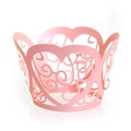 Pink laser-cut cupcake wrappers with intricate heart and vine pattern on white background - Pink
