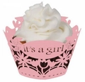 Pink cupcake wrapper with hollow flower patterns and It's a Girl text for baby party - 5cm / Pink