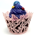 Laser-cut pink pearlescent paper cupcake wrapper with elegant hollow butterfly design - Pink