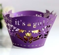 Detail of purple laser cut it's a girl cupcake wrapper with floral hollow patterns - Dark Purple / 5cm