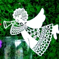 White laser-cut angel place card with hollow pattern on a glass rim for weddings - White
