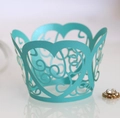 Teal laser-cut cupcake wrapper with heart hollow patterns for wedding cake decoration - Teal Blue