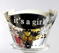 Detail of silver laser-cut cupcake wrapper featuring 'it's a girl' text and flower patterns - Reflective Silver / 5cm