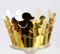 Close-up of laser-cut gold cupcake liners with a duck silhouette pattern and shiny finish - Reflective Gold
