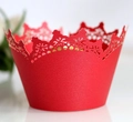Elegant red crown laser-cut cupcake wrappers with intricate hollow design for weddings - Pearlescent Red