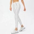 White high waist yoga leggings with purple contrast stitching for a sleek fitness look - 2/XS / White