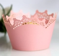 Pink laser-cut crown cupcake wrapper for weddings featuring elegant hollow lace design - Pink