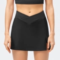 Slim fit high-waist black sports skirt with V-shaped crossover waistband and side slit - 2/XS / Bottoms / Black