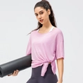T-shirt de yoga rose pour femme, séchage rapide avec nœud latéral et tissu mesh - 10/XL / Violet Clair