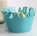 Close-up of light blue laser-cut cupcake wrappers with BABY design and hollow lace - 5cm / Tiffany Blue