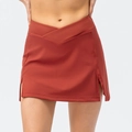 Caramel crossover high waist skort with side slit and built-in shorts for tennis and yoga - 2/XS / Brick Red