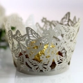 Laser-cut pearlescent white paper cupcake wrappers with butterfly and flower patterns - Silver Grey