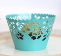 Teal laser cut rose pattern cupcake wrappers for elegant wedding dessert table display - Tiffany Blue