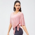 Loose pink breathable sports T-shirt for women with side knot detail for yoga and running - Pink