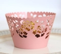 Pink laser cut cupcake wrappers with rose floral lace pattern for wedding decorations - Pink