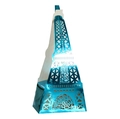Detailed laser-cut Eiffel Tower gift box in blue pearlescent paper with ribbon - Reflective Blue