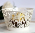 Detail of white laser-cut Halloween cupcake wrapper with skeleton and spider web patterns - Ivory