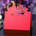 Red laser-cut Mr & Mrs place card with butterfly details and romantic couple silhouette - Red
