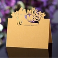 Golden laser-cut butterfly wedding place card with hollow Mr & Mrs silhouette design - Gold
