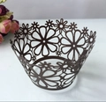 Dark brown laser-cut cupcake wrappers with daisy floral pattern for wedding baking decor - Coffee