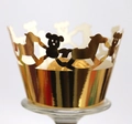Golden laser cut cupcake wrappers with bear and horse patterns for party cake decoration - Reflective Gold