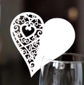 Laser-cut white heart wine glass place cards with intricate floral vine hollow design - White