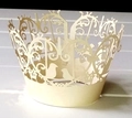 Ivory laser cut cupcake wrapper with intricate bird and branch patterns for weddings - Cream