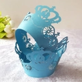 Sky blue laser-cut cupcake wrappers with pumpkin carriage and crown hollow design - Sky Blue