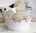 Elegant white rose laser-cut cupcake wrappers for wedding and party cake decoration - White