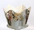 Close-up of laser-cut butterfly cupcake wrapper in silver metallic mirror finish - Reflective Silver