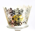 Elegant laser cut silver cupcake wrappers with floral heart patterns for wedding party decor - Reflective Silver