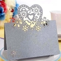 Marque-place cœur argenté pailleté avec motif floral découpé au laser pour table de mariage - Charbon Argenté