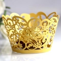 Elegant gold laser cut lace cupcake wrappers with intricate floral vine patterns - Gold